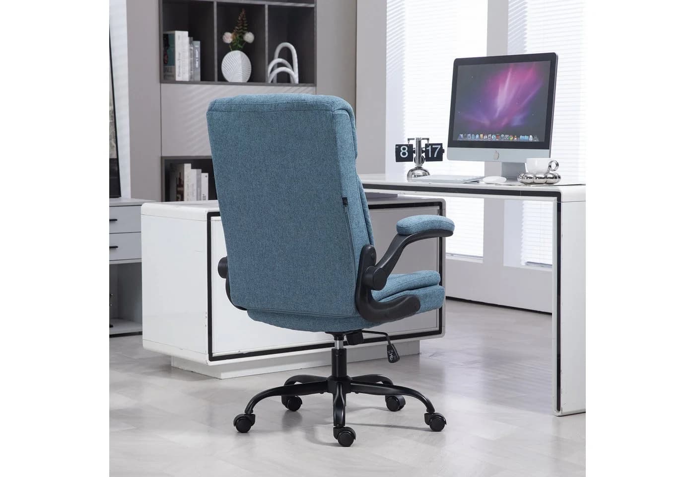 LIYURUI Bürostuhl Ergonomischer 150kg Belastbarkeit Chefsessel Stoff Flip-up Armlehnen Blau