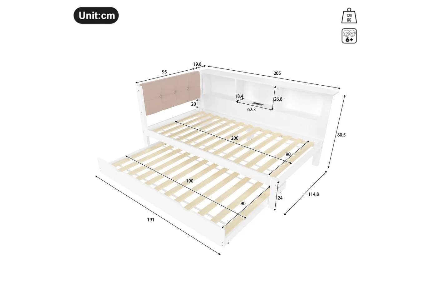 Ulife Daybett Tagesbett Schlafsofa Einzelbett Kinderbett Weiß LED USB Ausziehbett