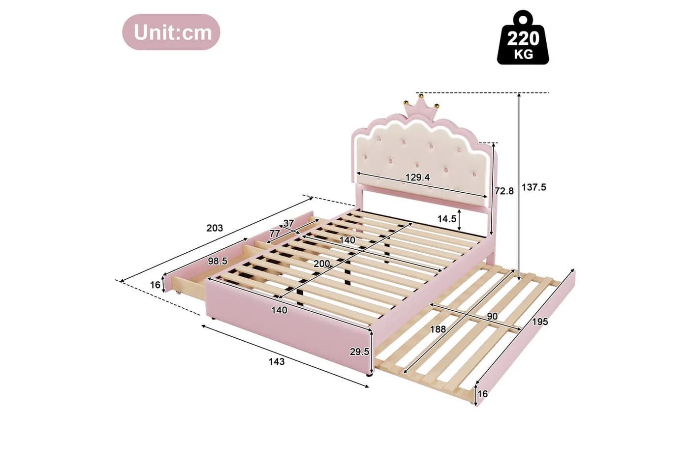 Ulife Polsterbett Jugendbett Kinderbett Kronprinzessinnen-Design 2 Schubladen LED-Umgebungslicht Ausziehbett