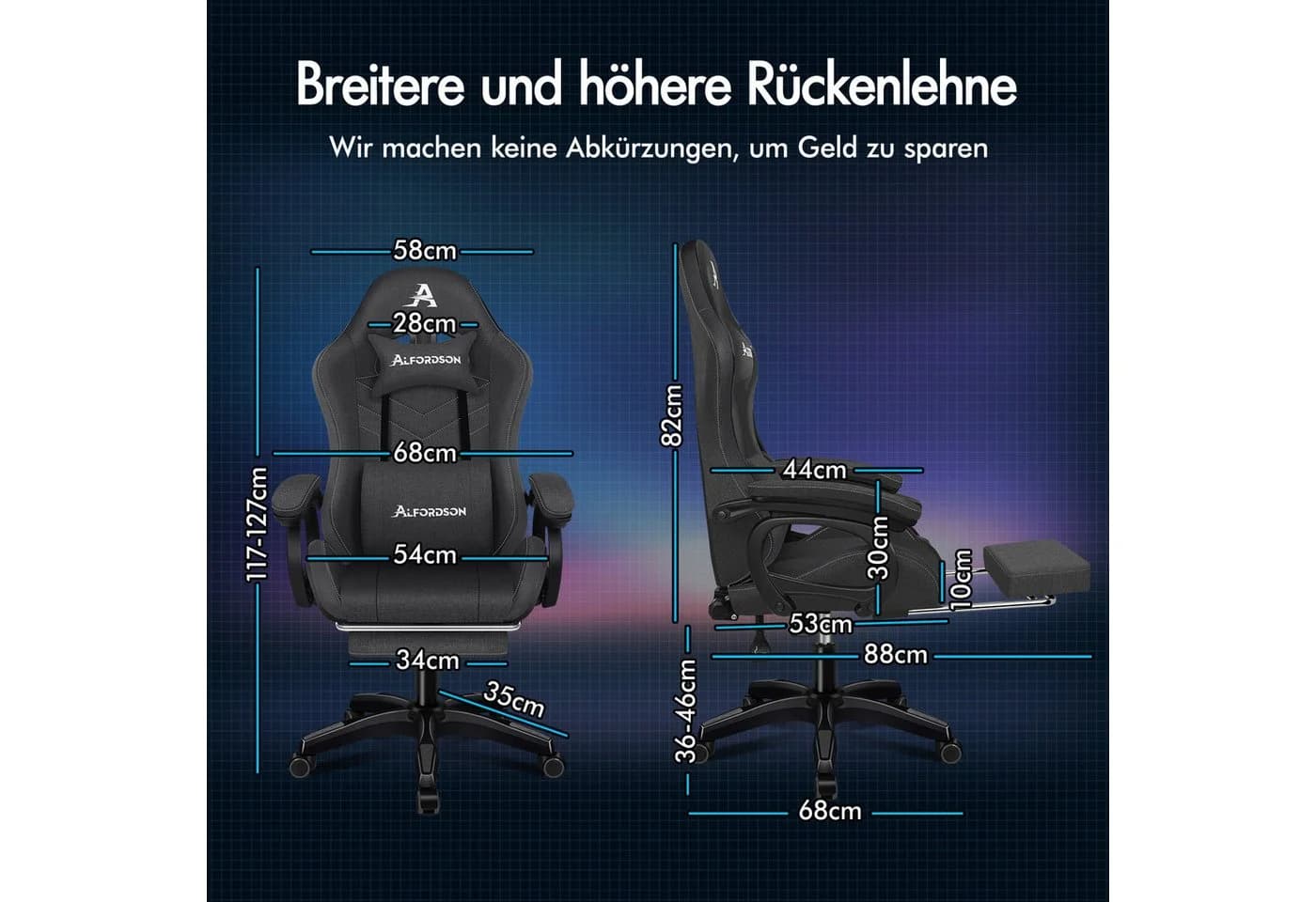ALFORDSON Gaming-Stuhl mit 8-Punkt-Massagefunktion, RGB-Beleuchtung, Lendenwirbelstütze & Kopfstütze, Stoff, Dunkelgrau