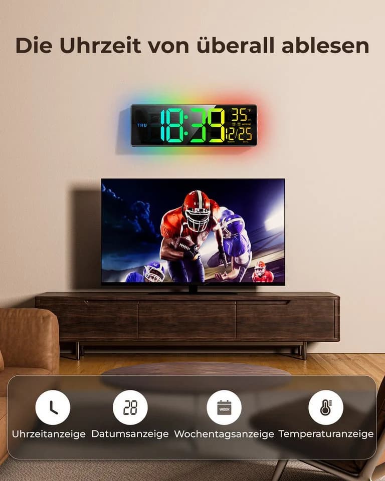 EASYERA Wanduhr 16,5 Zoll RGB Digitale Wanduhr Extra großes LED-Display mit Bluetooth