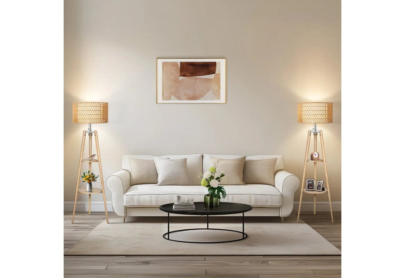 OUTON LED Stehlampe Dimmbar Rattan Akazienholz 2 Ablageflächen