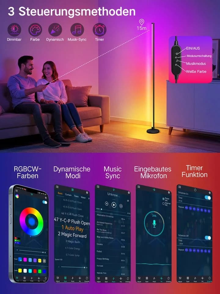 OUTON LED Stehlampe RGBCW Schwarz 168LEDs Musik-Sync App Fernbedienung Timer