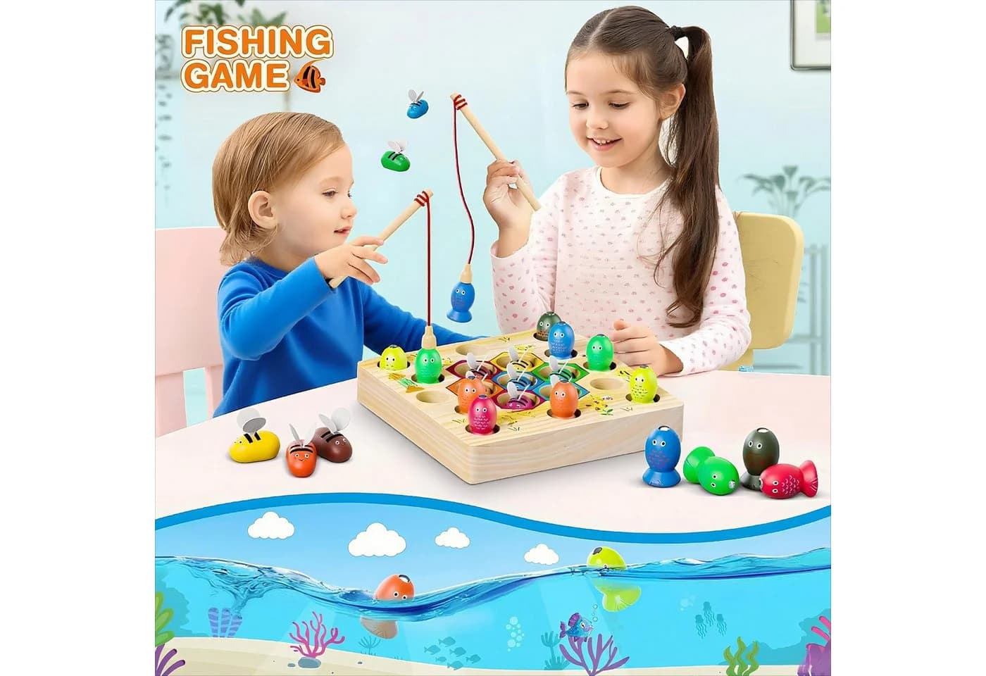 POPOLIC Magnetische Angelspiel 2 in 1 Montessori Spielzeug Bunt Holzspielzeug