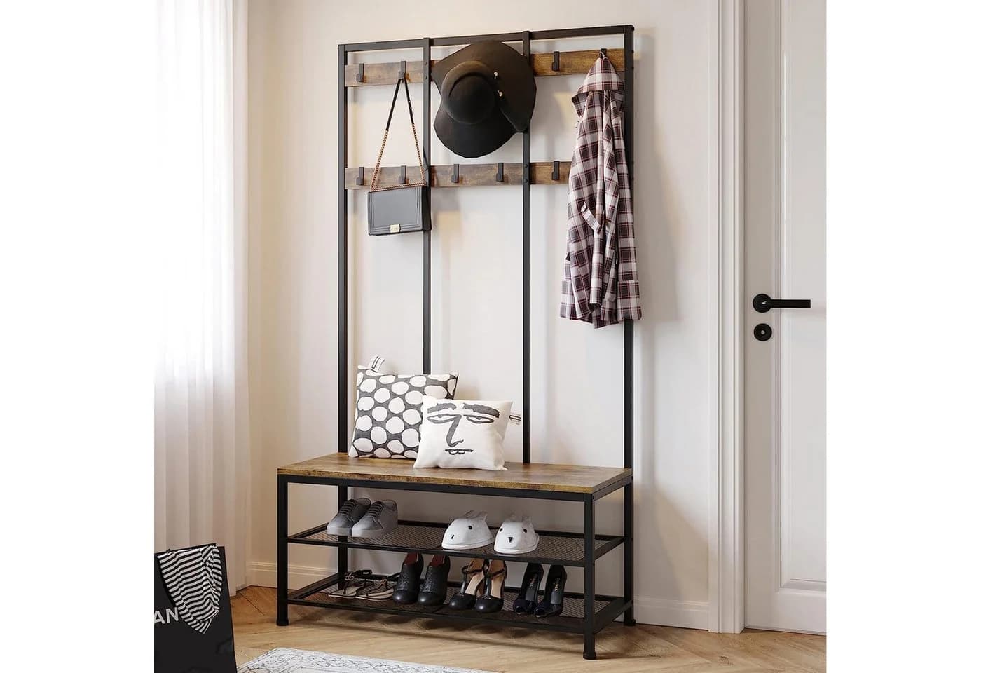 OUNUO Garderobe Garderobenständer mit Sitzbank und Schuhregal