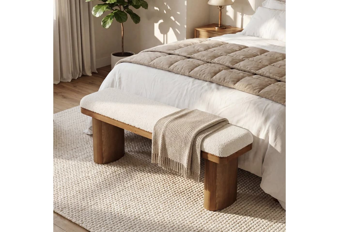Tribesigns Sitzbank Massivholz 120cm Braunes Boucle-Polster