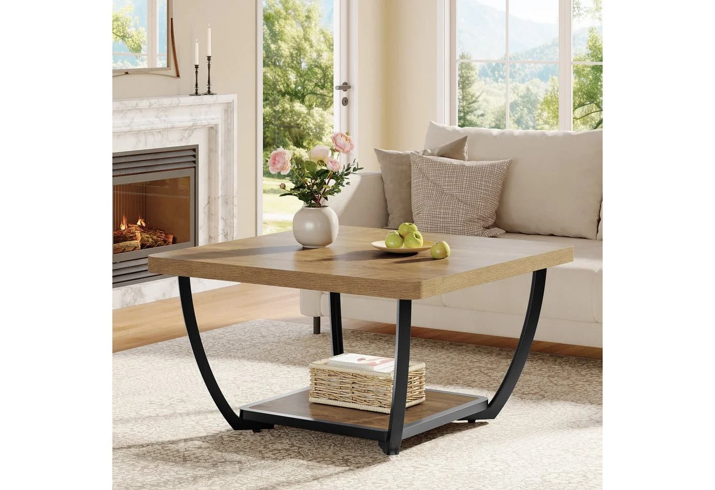 Tribesigns 2-stöckiger Couchtisch 80 cm quadratisch Braun Holz Metall