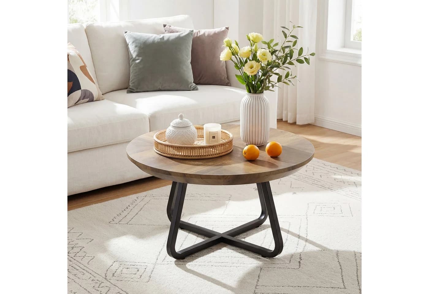 Tribesigns Runder Couchtisch 80 cm Braun Holz Metall