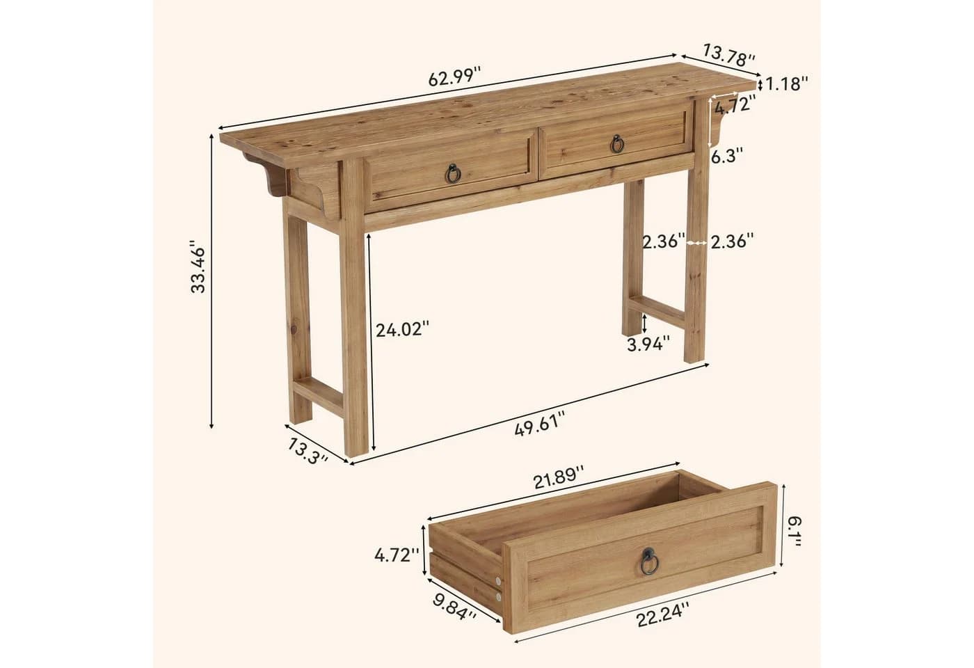 Tribesigns Konsolentisch Massivholz 160 cm mit 2 Schubladen Braun