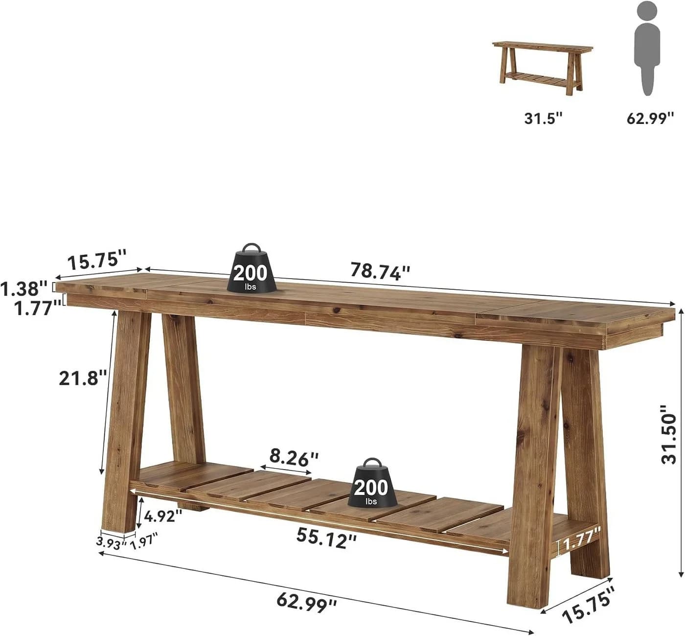 Tribesigns Konsolentisch 200 cm Massivholz Landhausstil Braun
