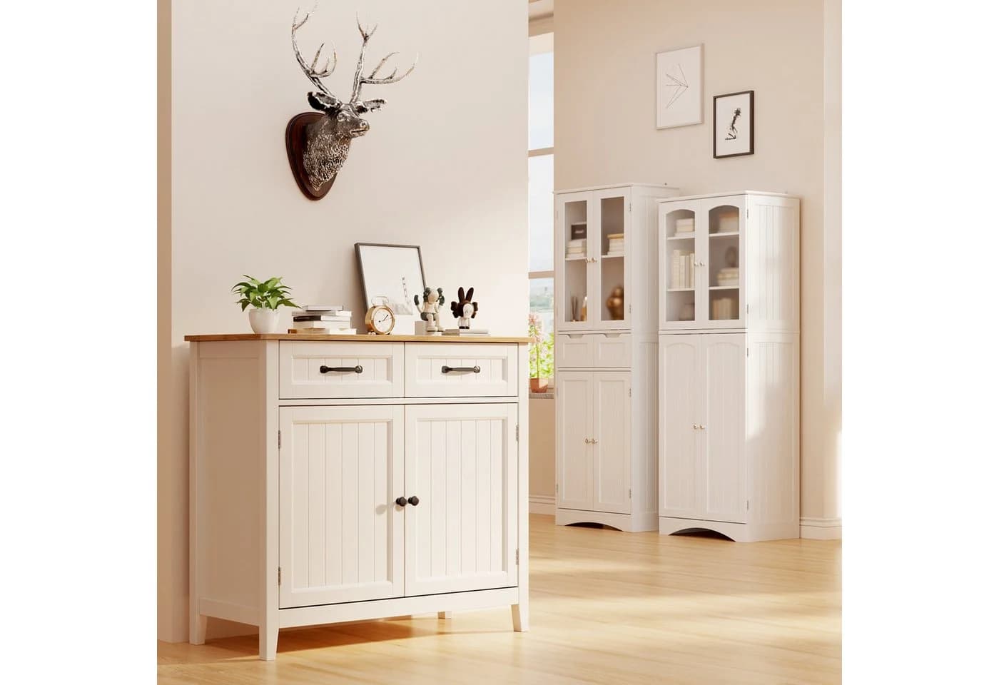Bealife Sideboard Küchenschrank mit Arbeitsplatten, 2 Schubladen 2 Türen, Braun/Grau