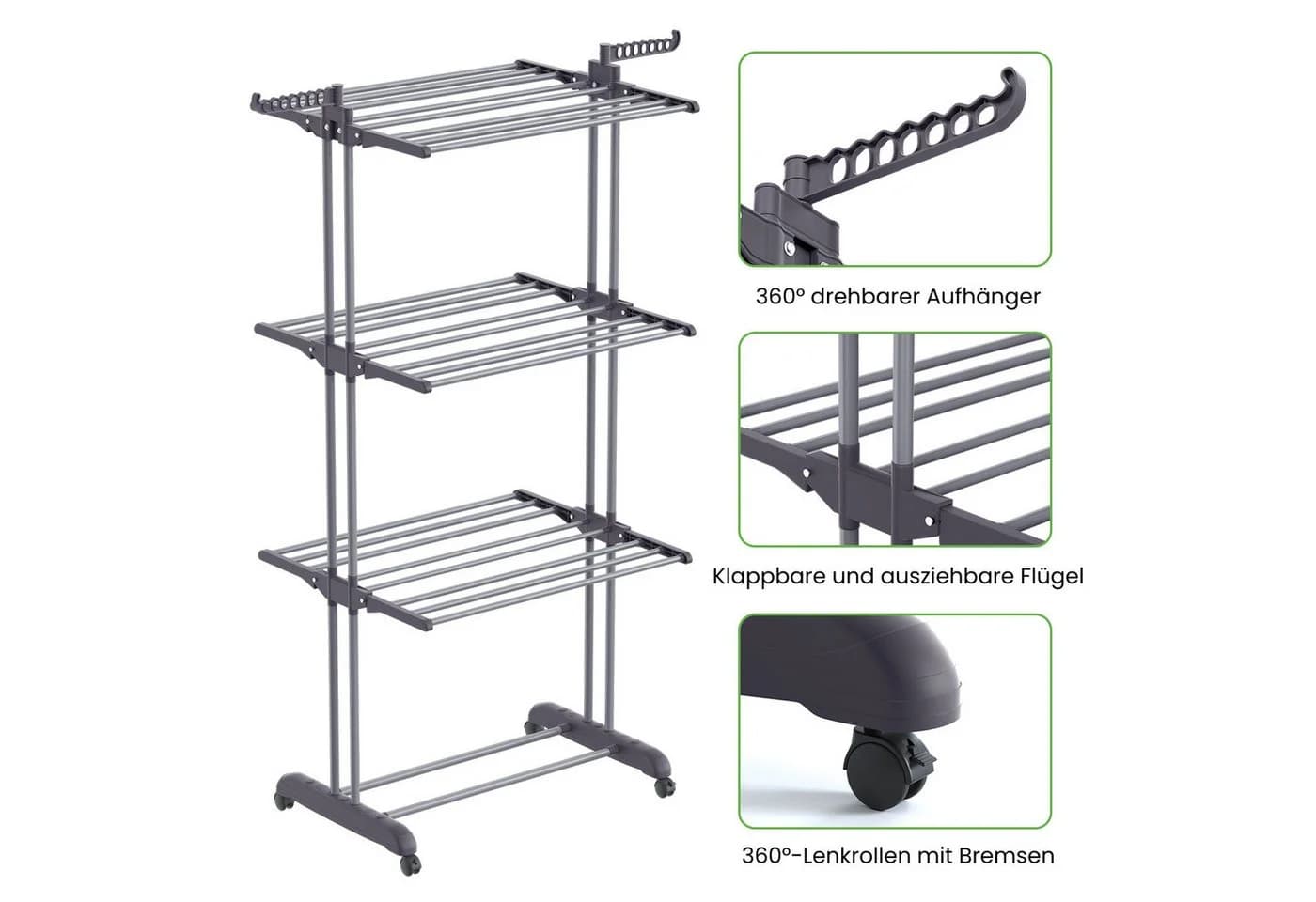 Oak&Tea Wäscheständer Rollbarer Klapp-Wäscheständer mit Flügeln