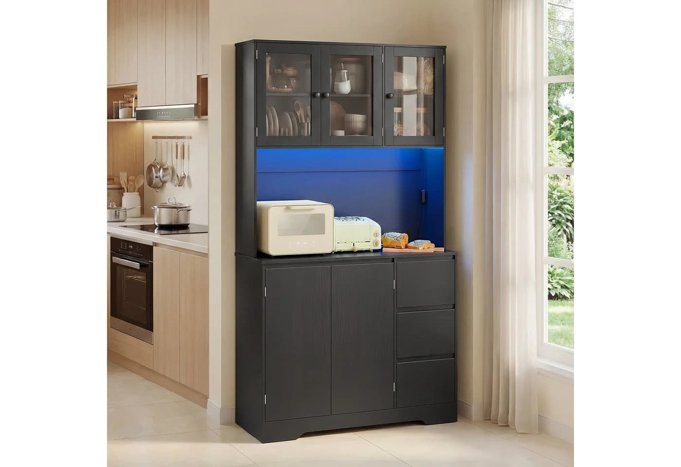 Bealife Buffet Küchenschrank Schwarz mit LED-Licht, Steckdose & 3 Schubladen