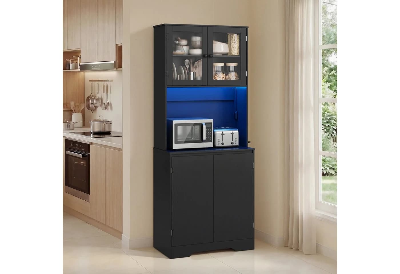 Bealife Buffet Küchenschrank Schwarz mit LED-Licht & Steckdose