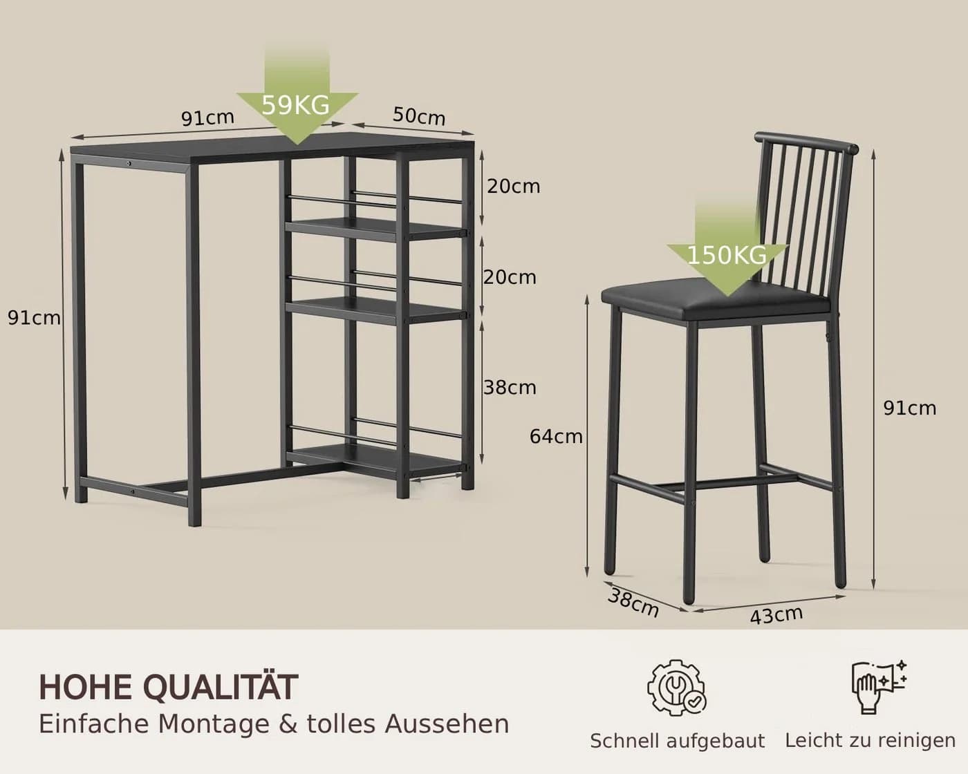 Blishom Bartisch 3-tlg. Set Braun/Schwarz mit Stauraum