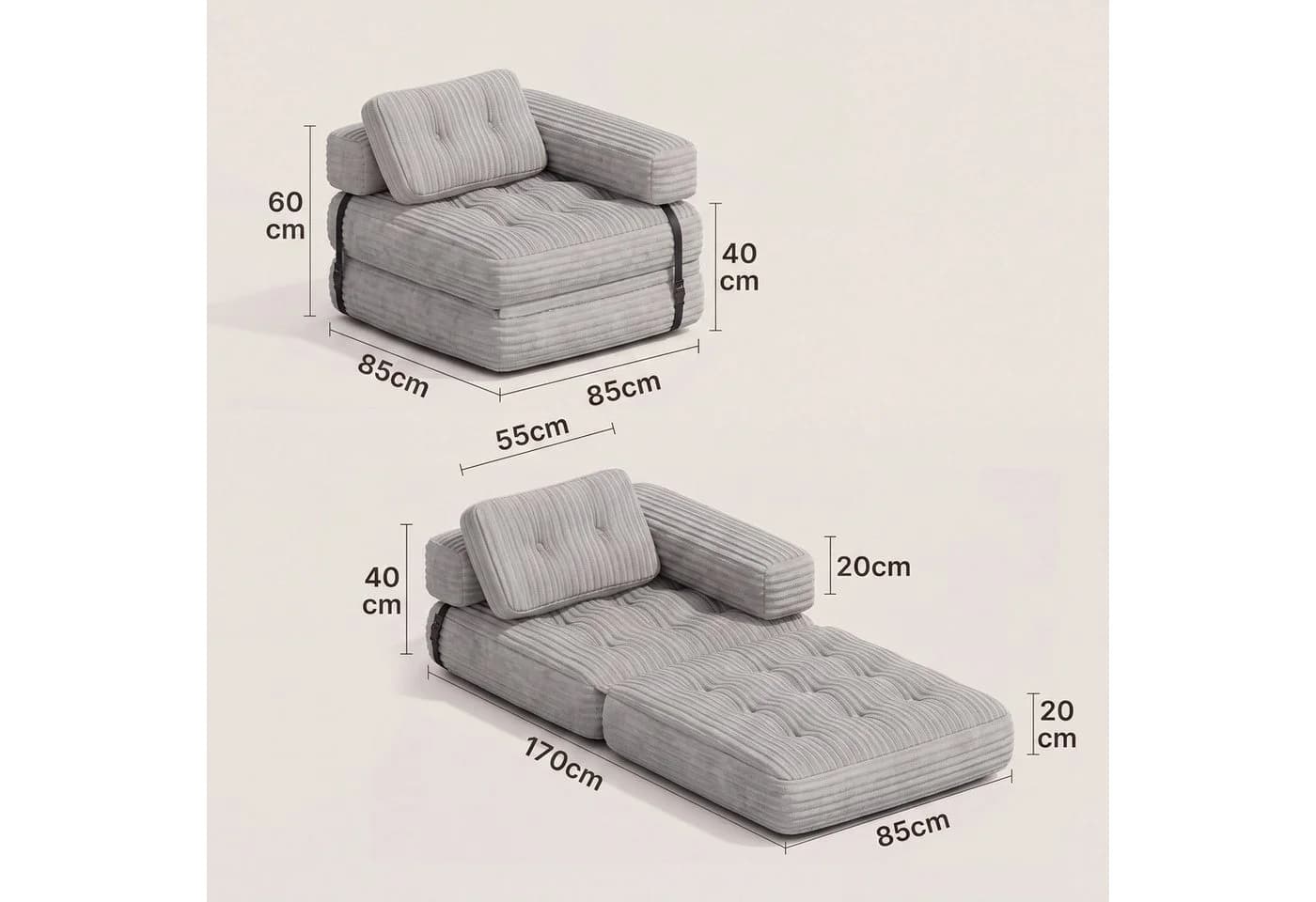 Blishom 1,5-Sitzer Schlafsofa aus Cord grau