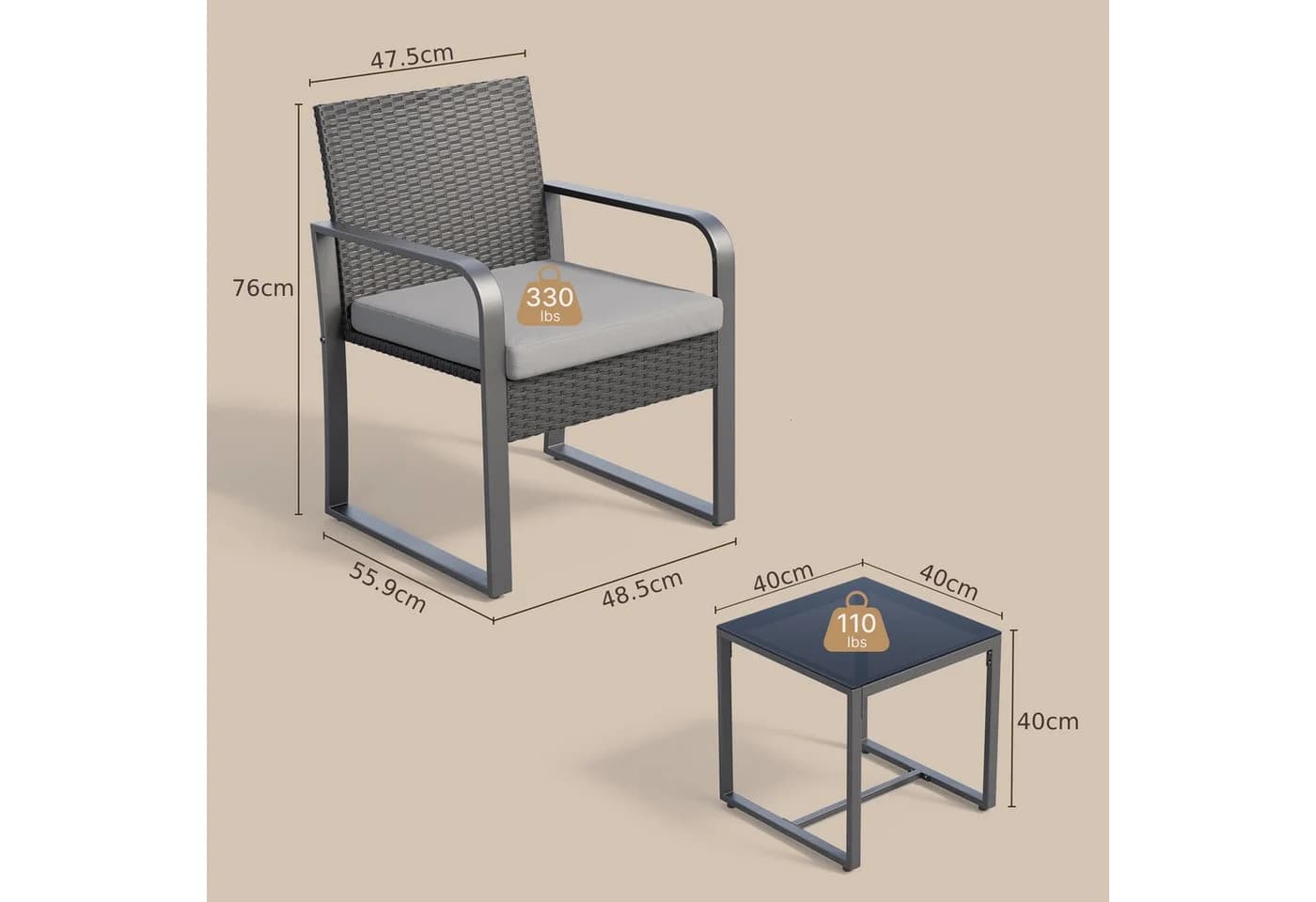 Blishom Balkonset 3-tlg. Grau/Beige Poly Rattan mit Kissen