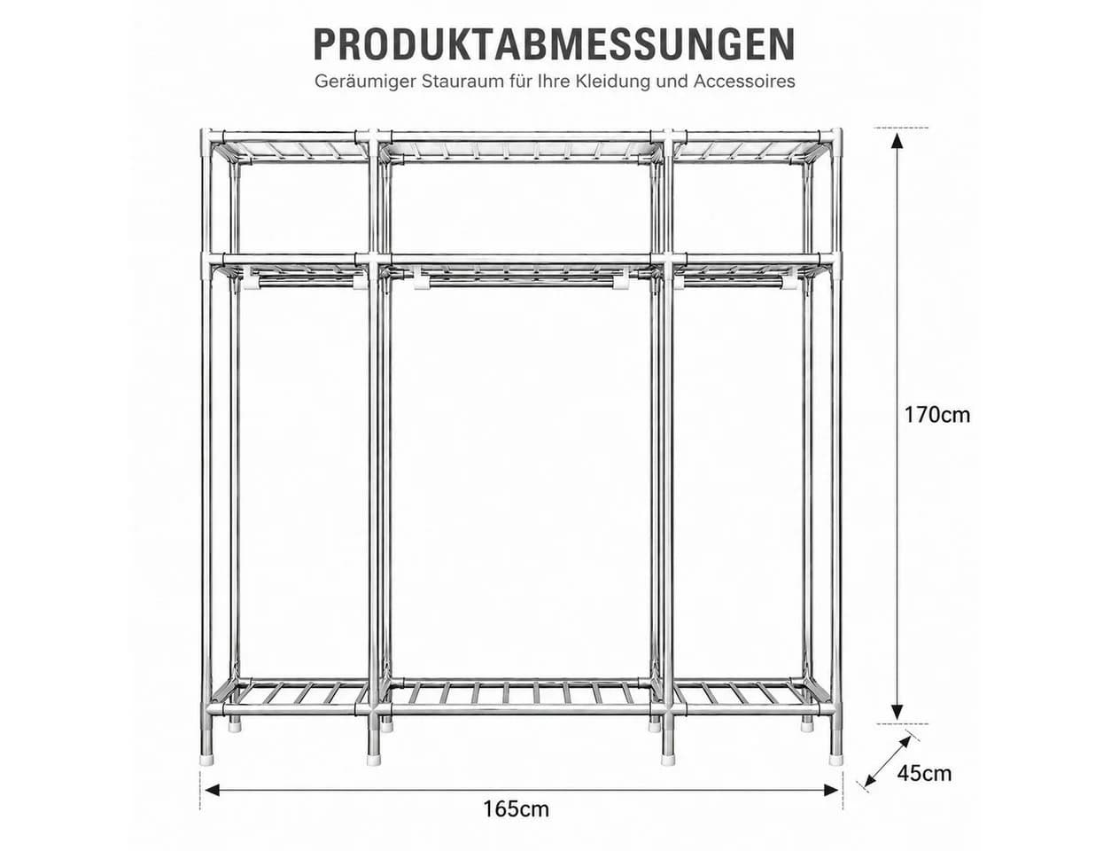 Toomoke Stoffkleiderschrank Grau mit Metallgestell und Reißverschluss