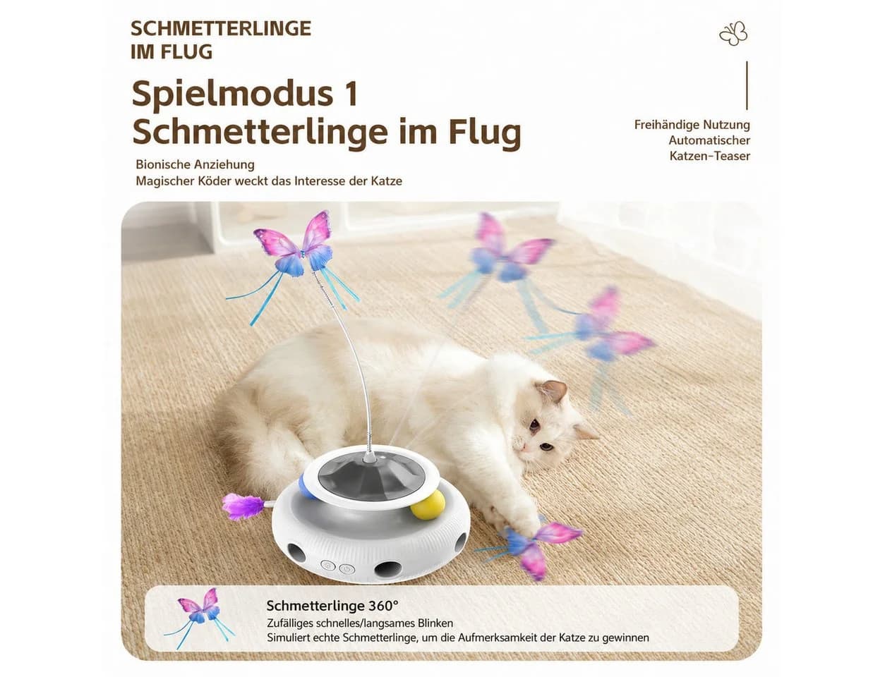 Toomoke 3-in-1 Katzenspielzeug mit Schmetterling, Federn & Kugelbahn