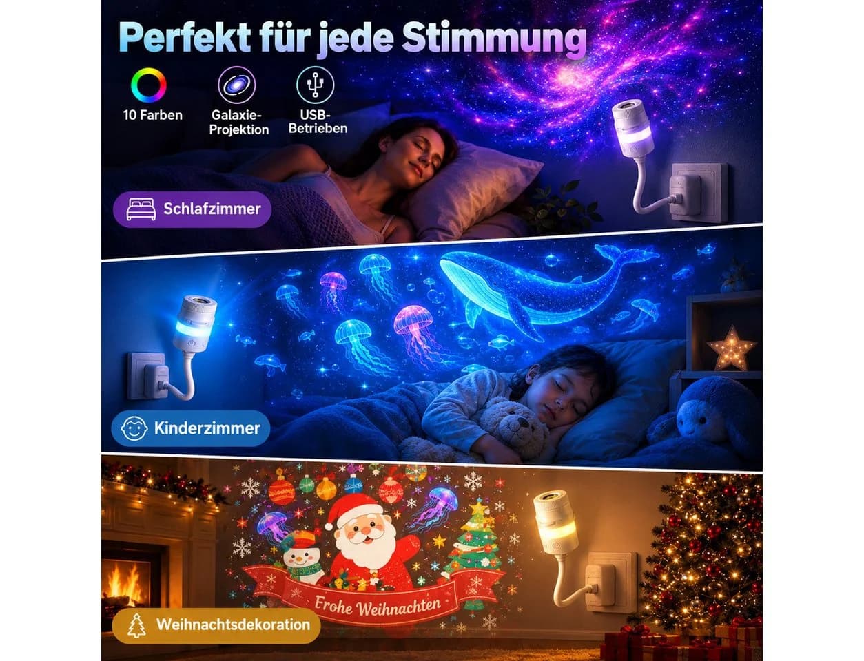 Toomoke LED Nachtlicht 2-in-1 Sternenhimmel mit 24 Motiven USB Projektionslampe