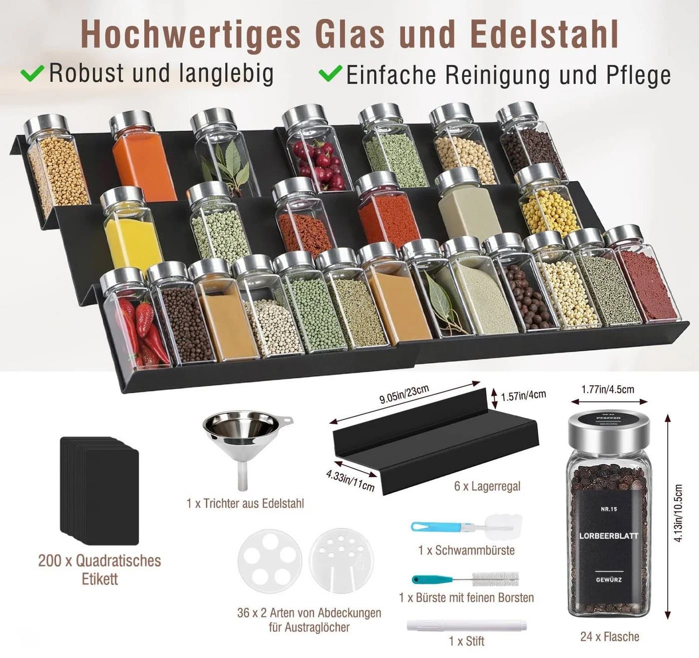 ElitVita Gewürzglas-Set 24-tlg. mit Regal, Etiketten & Zubehör