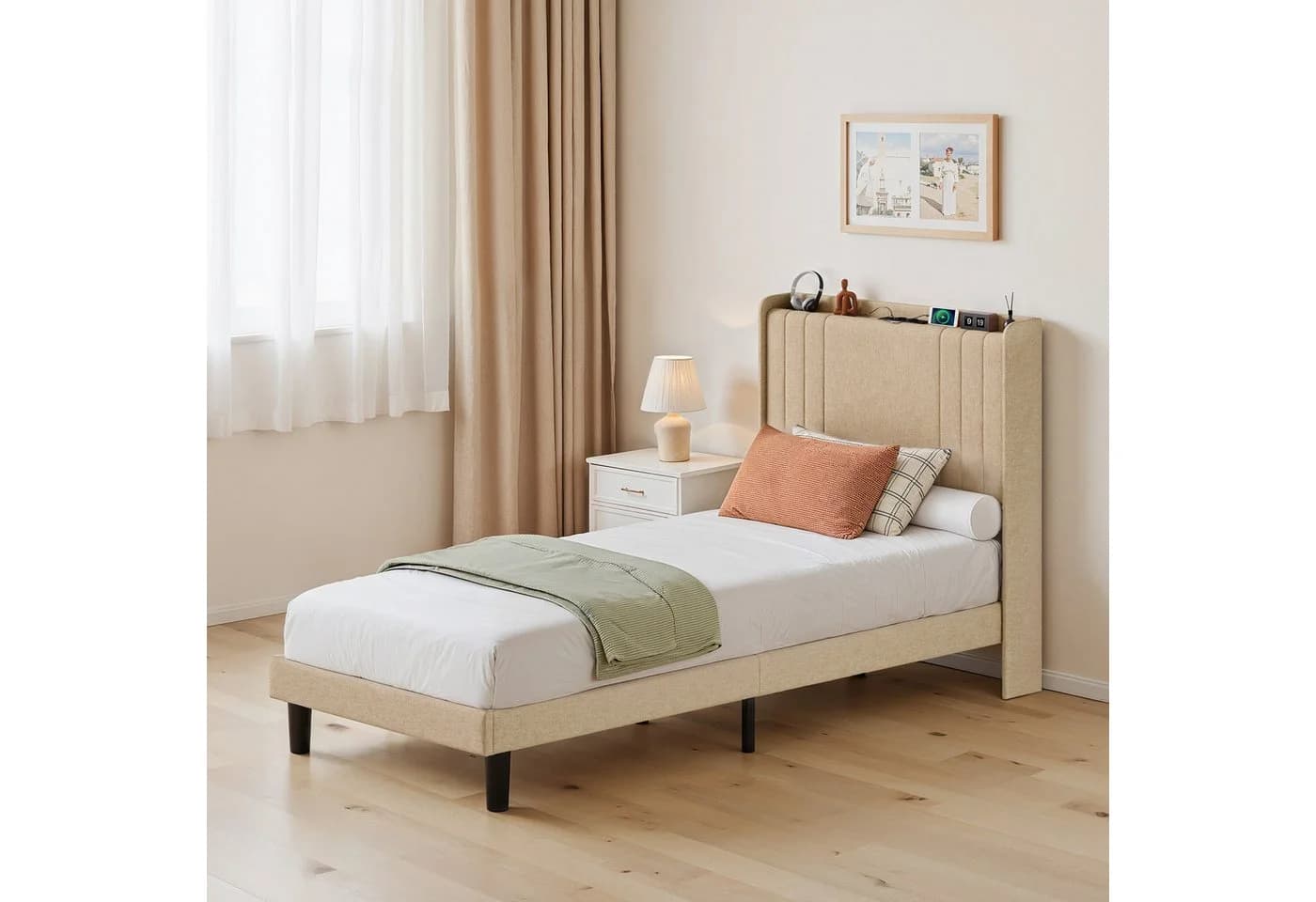 Bealife Polsterbett Einzelbett Bettgestell mit Kopfteil LED-Licht