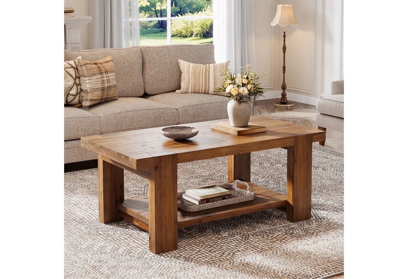 Tribesigns Couchtisch Massivholz Landhaus 2-stufig Braun