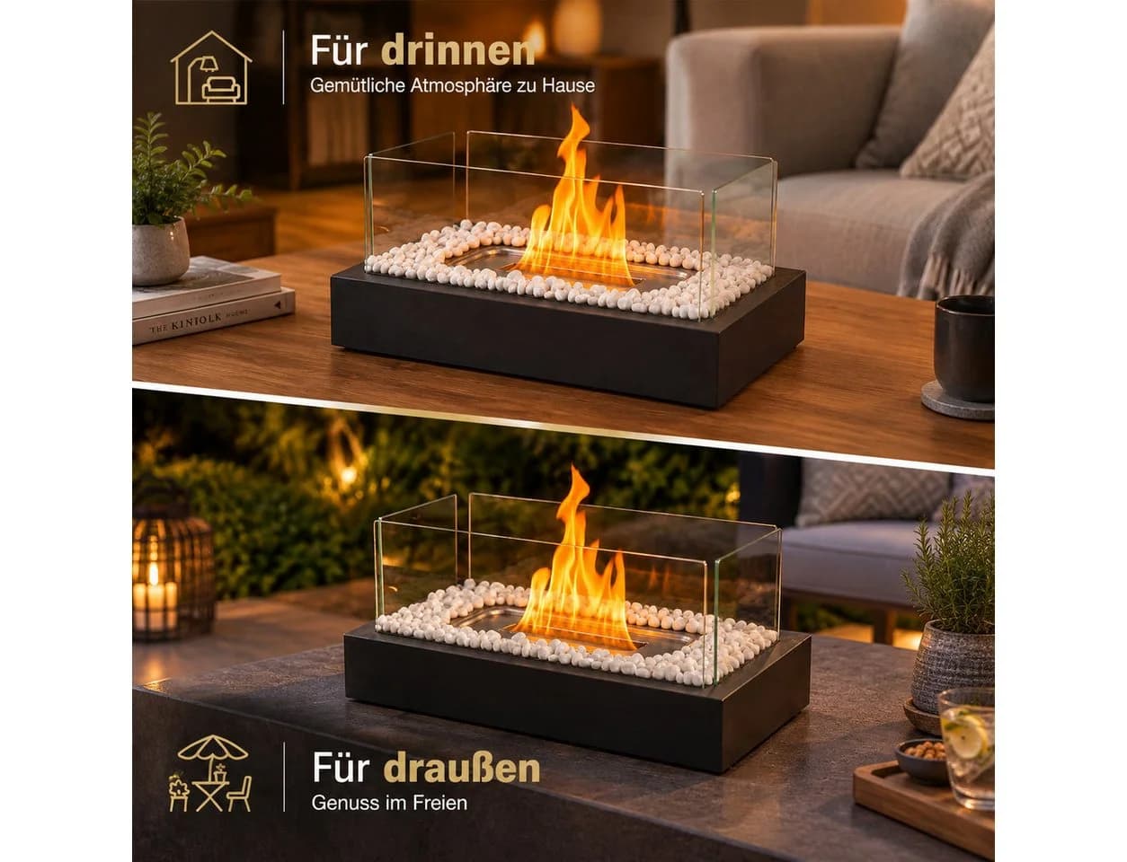 Nettlife Ethanol Tischkamin Schwarz Edelstahl Glas