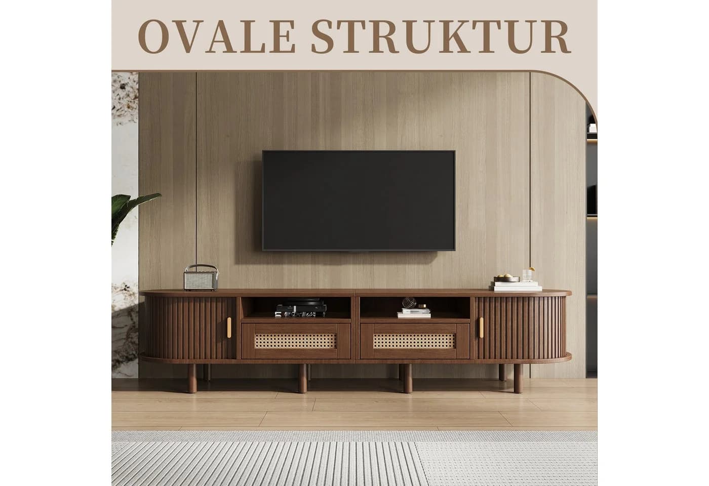 SeedWave Lowboard Oval TV Schrank 2 Schiebetüren Rattanfront