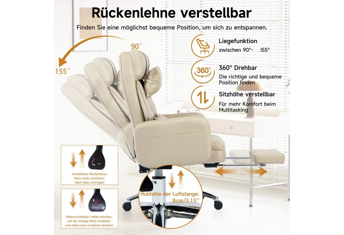 SeedWave Bürostuhl XXL Chefsessel Beige mit Fußstütze