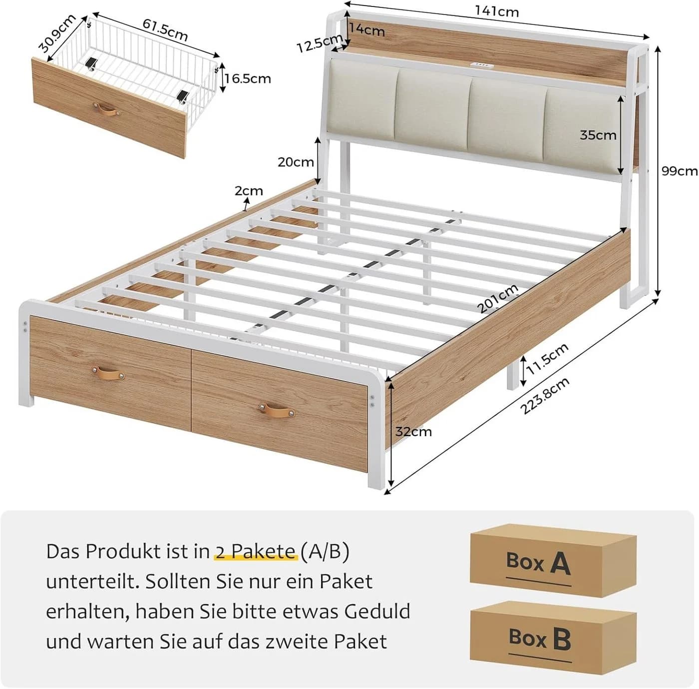 KIMENICH Metallbett Bettgestell mit Ladestation und 2 Schubladen, Jugendbett 140x190cm, Weiß