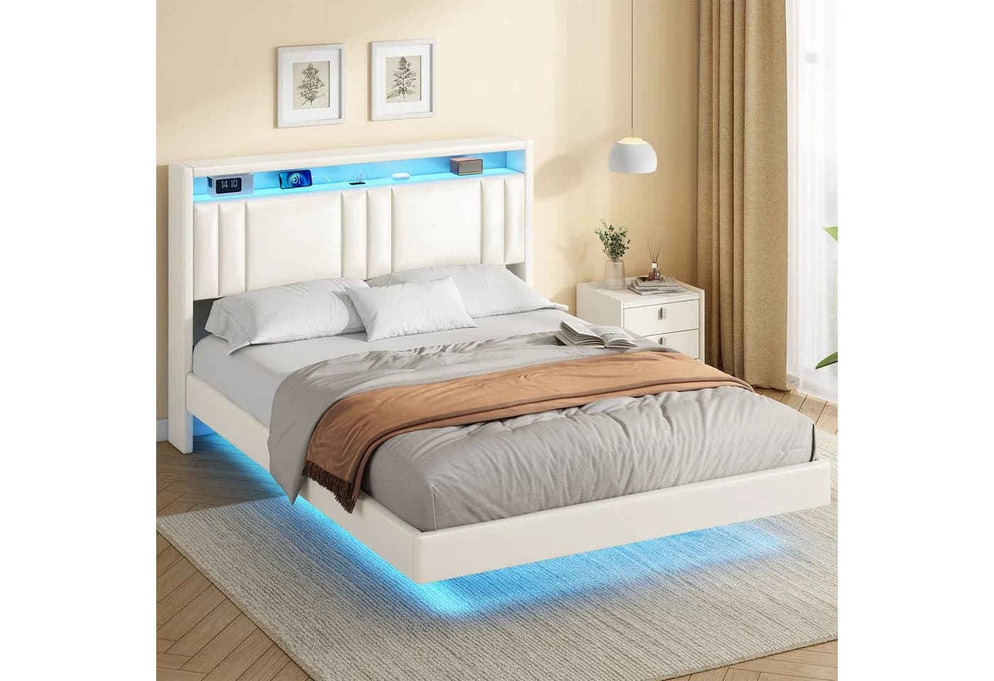 MSMASK Bettgestell 140x200cm Bettrahmen mit LED-Beleuchtung PU Weiß