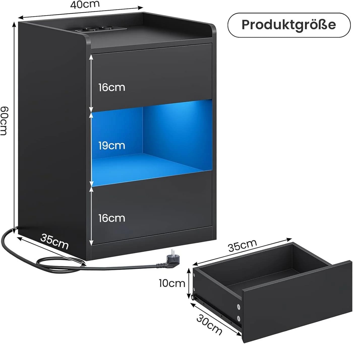 MSMASK Nachttisch LED-Beleuchtung Ladestation 40x35x60cm Schwarz/Weiß