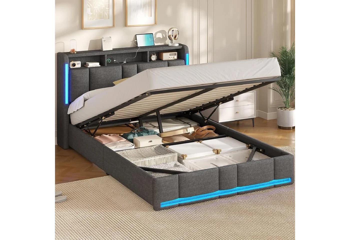 MSMASK Polsterbett 150x215 cm Dunkelgrau mit Stauraum und LED Beleuchtung