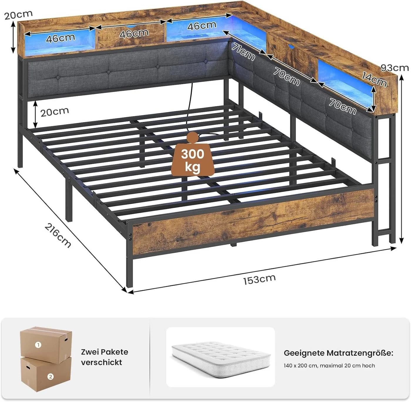 MSMASK Polsterbett Jugendbett LED-Beleuchtung USB-Ladestation 140x200