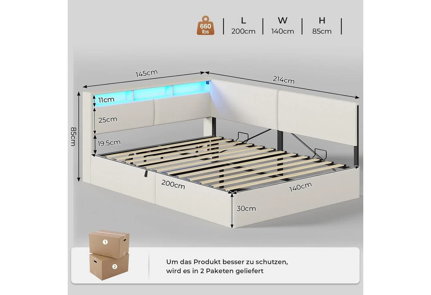 MSMASK Polsterbett mit USB-Steckdosen & LED-Kopfteil, Hydraulischem Stauraum