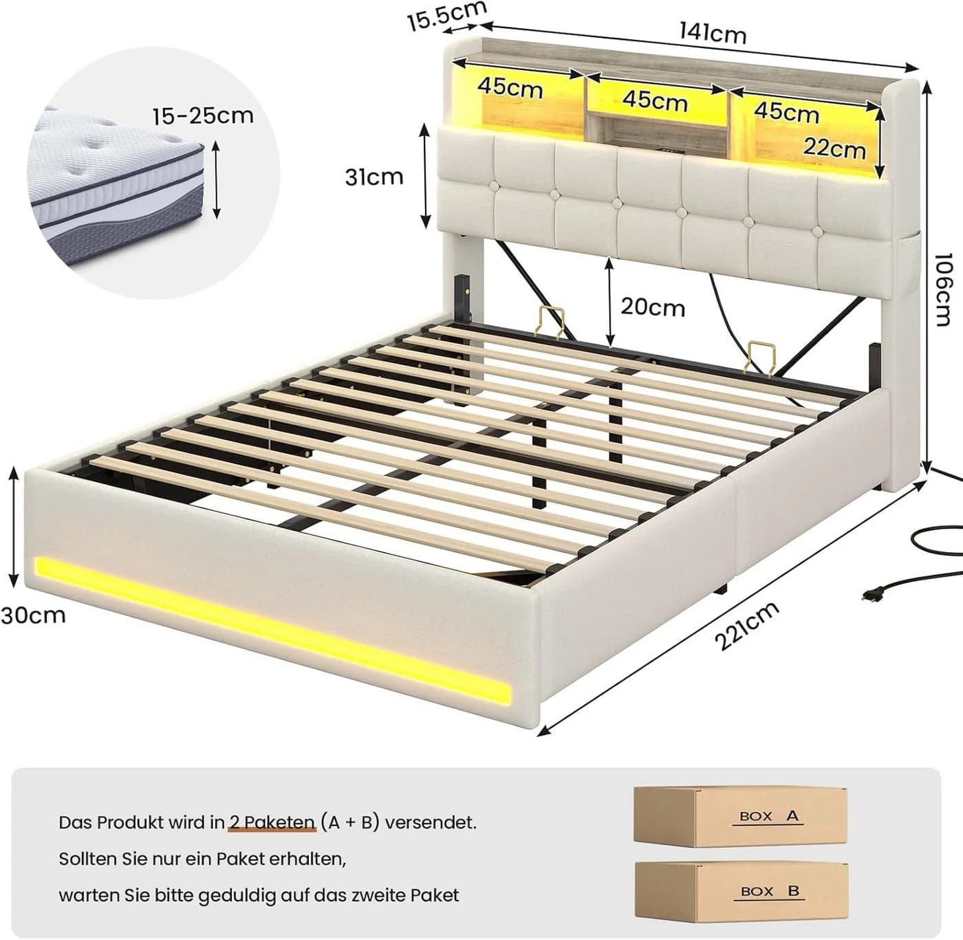 MSMASK Polsterbett Hydraulisches Stauraumbett mit LED-Beleuchtung, 140x200 cm, USB- und Type-C-Anschlüsse, Leinenstoff