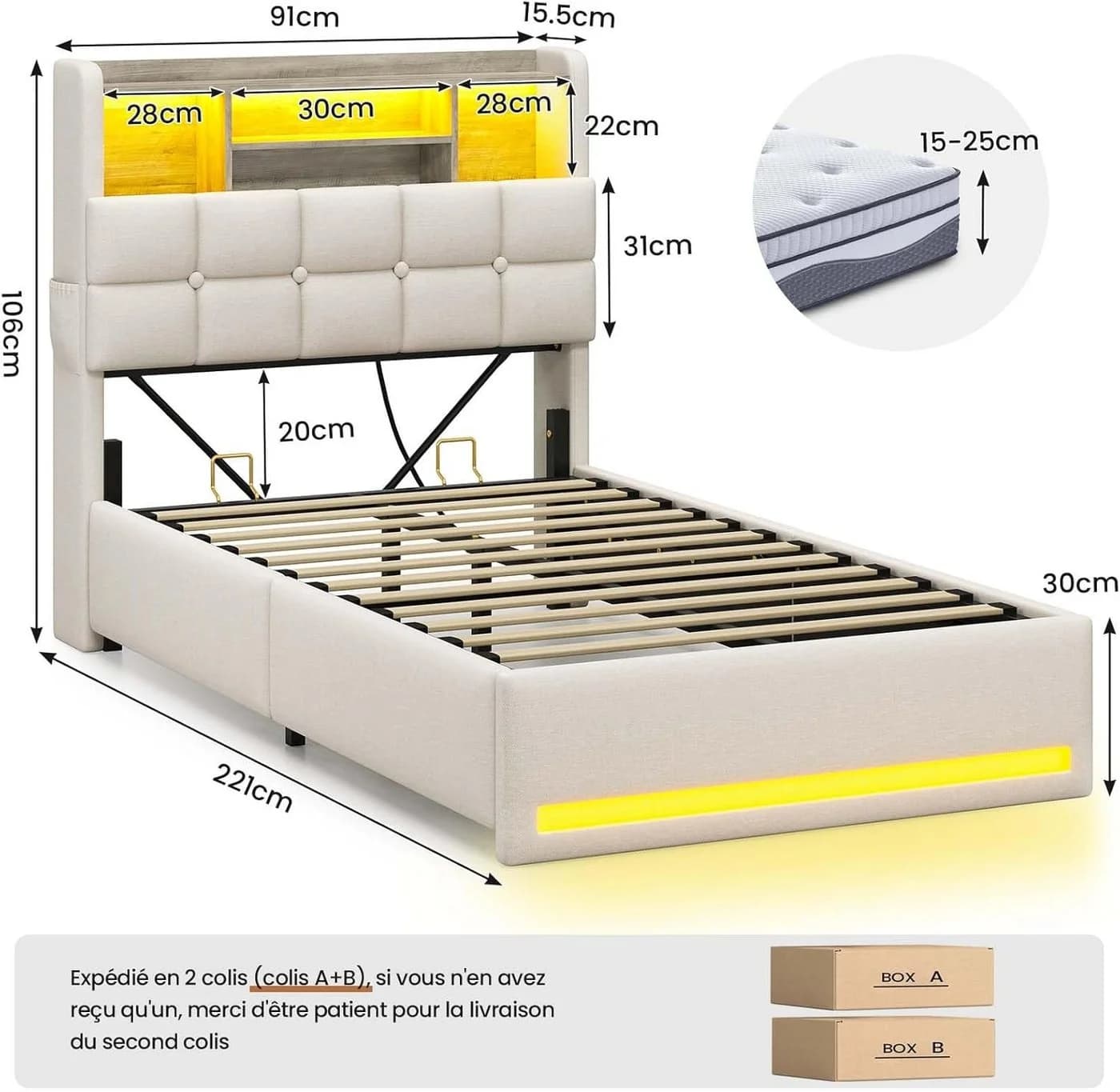 MSMASK Polsterbett Hydraulisches Stauraumbett mit LED-Beleuchtung, 90X200 cm, Jugendbett mit USB- und Type-C-Anschlüsse, Leinenstoff