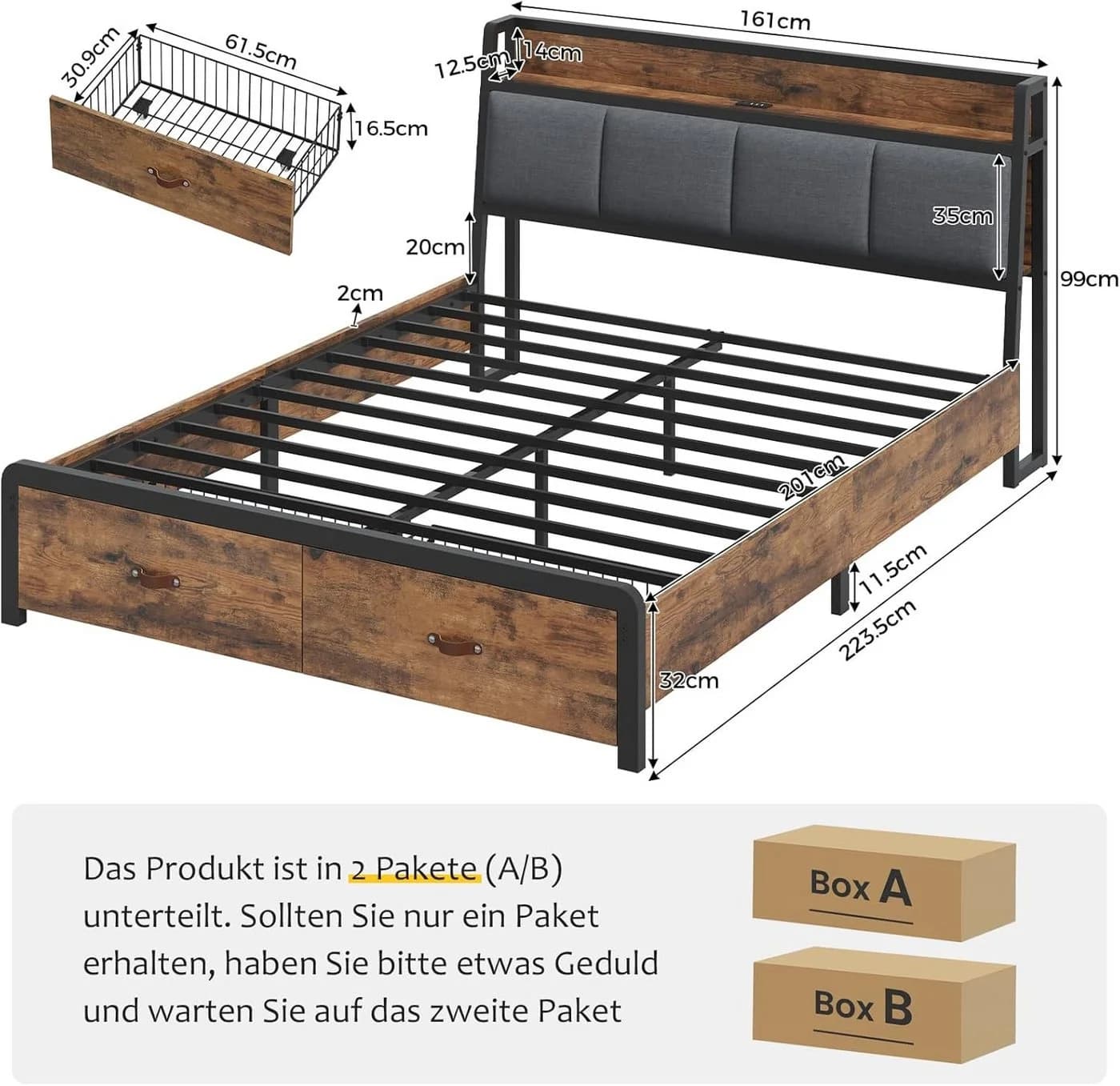 KIMENICH Metallbett 160x200cm Schwarz + Vintage Braun