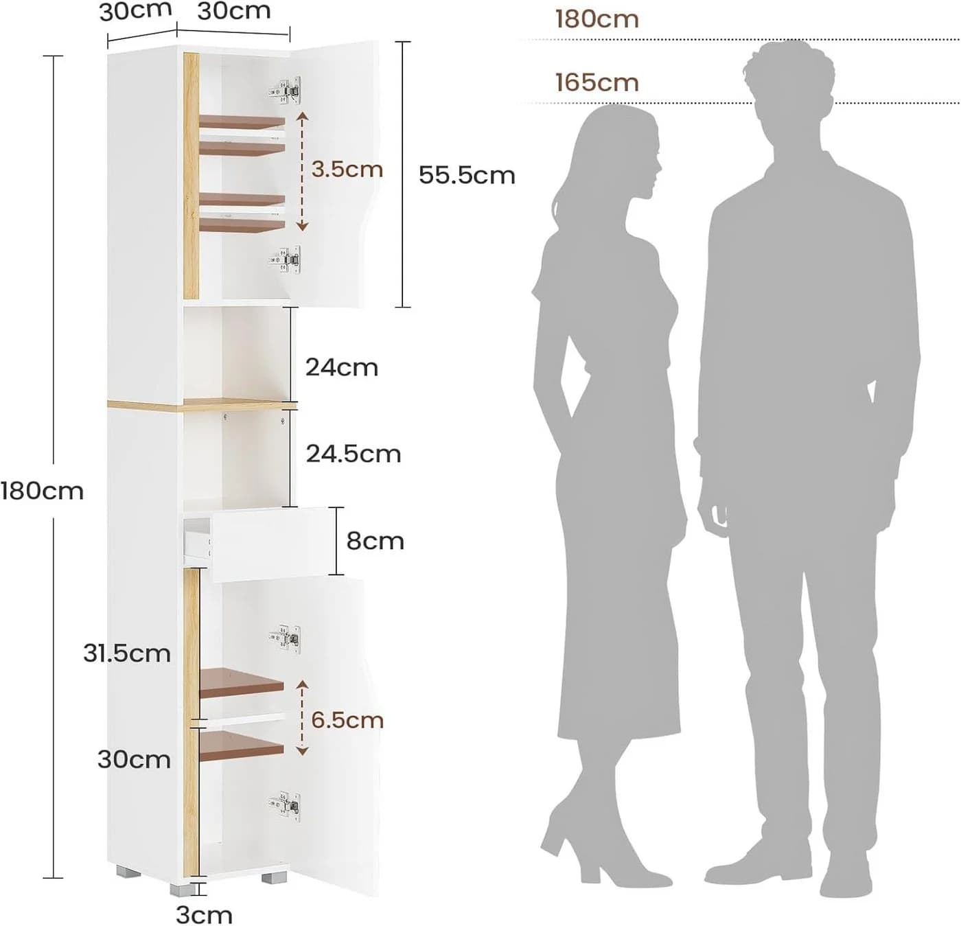 MSMASK Hochschrank Badezimmerschrank Weiß 30 x 30 x 180 cm