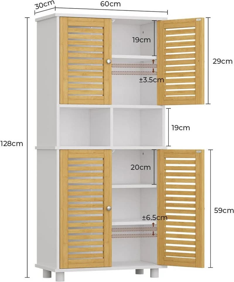 MSMASK Hochschrank Badezimmerschrank 4 Bambustüren Weiß