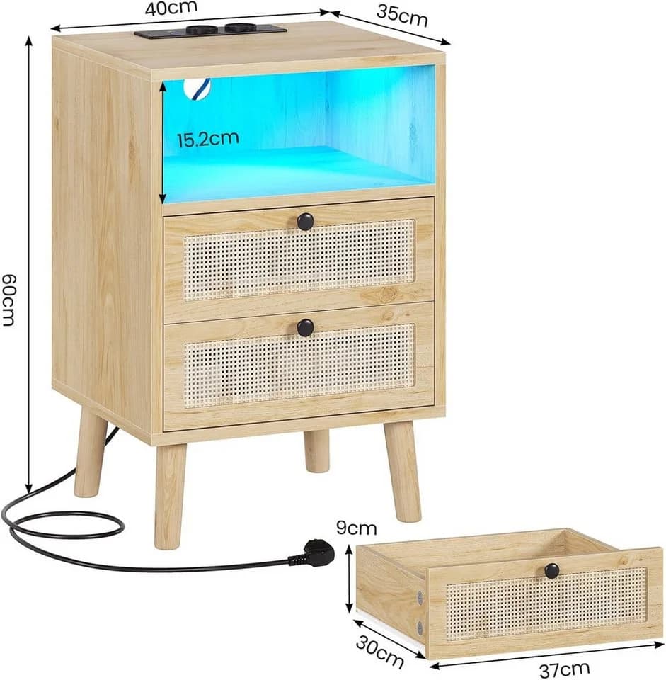 MSMASK Nachttisch Rattan Naturfarben USB-Ladestation LED-Beleuchtung