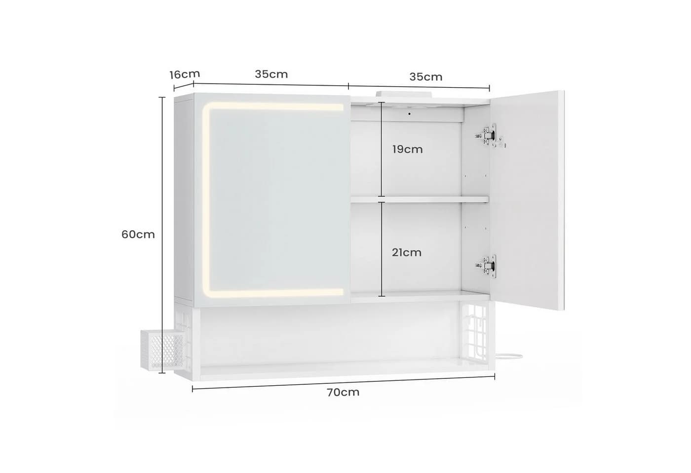 MSMASK Badezimmerspiegelschrank mit LED-Beleuchtung und Steckdose, Wandmontiert mit Stauraum
