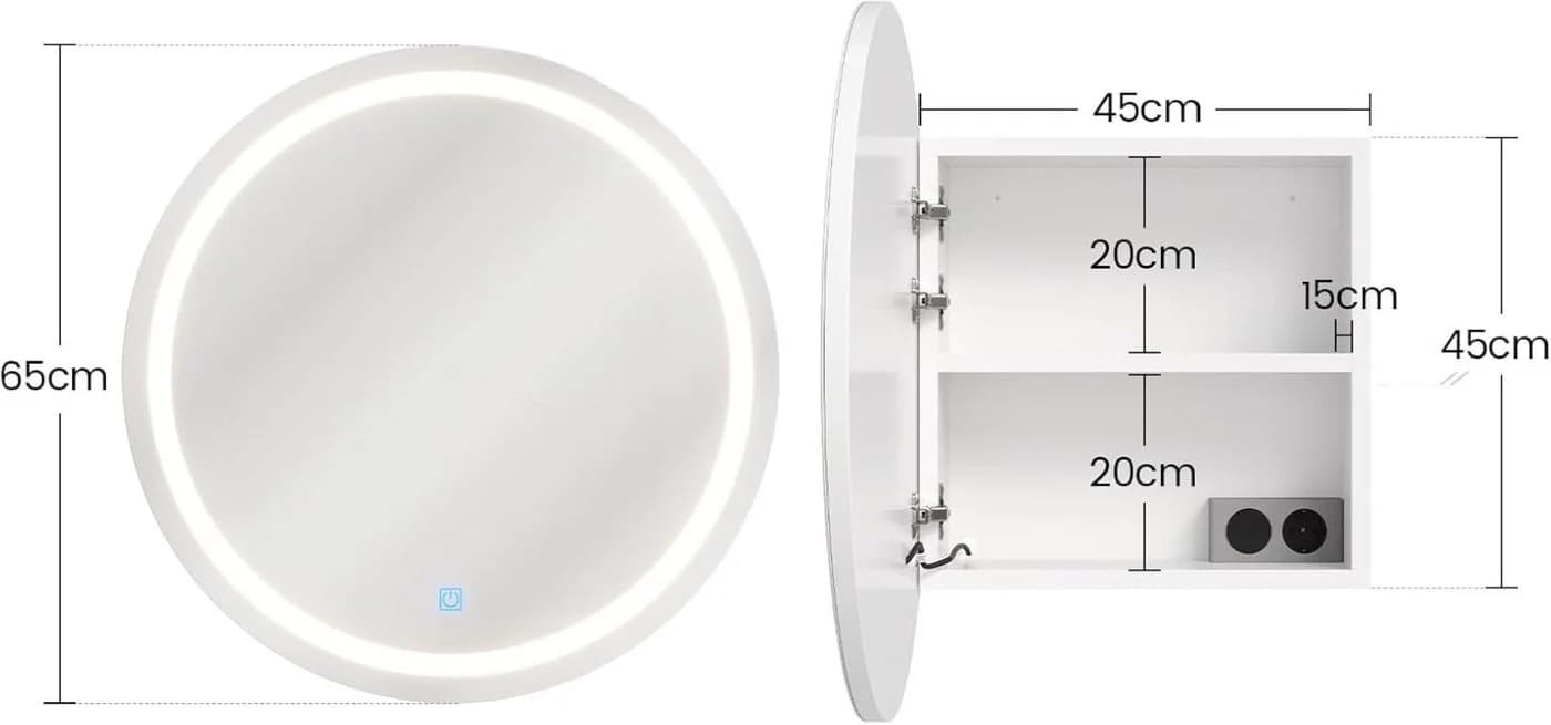 MSMASK Runder Badezimmerspiegelschrank mit LED, Steckdose & Fönhalter Weiß