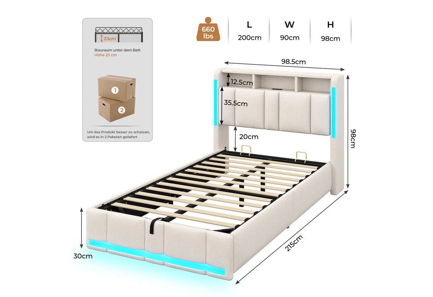 MSMASK Polsterbett mit Stauraum, LED & USB