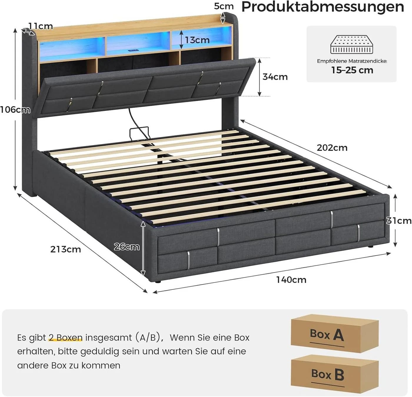KIMENICH Polsterbett Grau mit LED-Beleuchtung & Stauraum