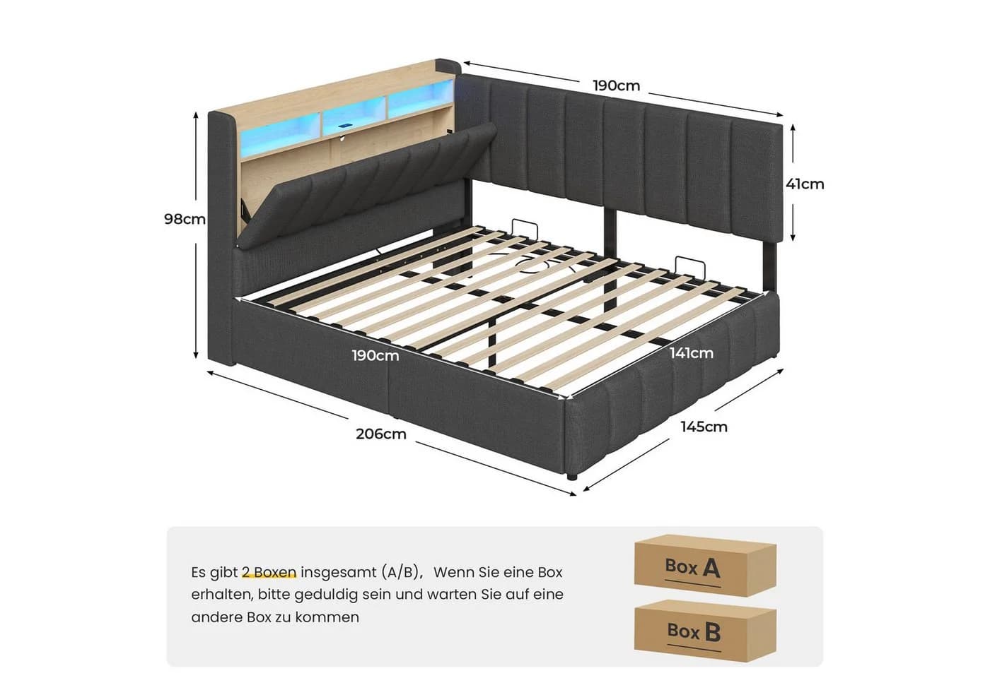 KIMENICH Polsterbett Grau mit LED, Stauraum & Ladestation