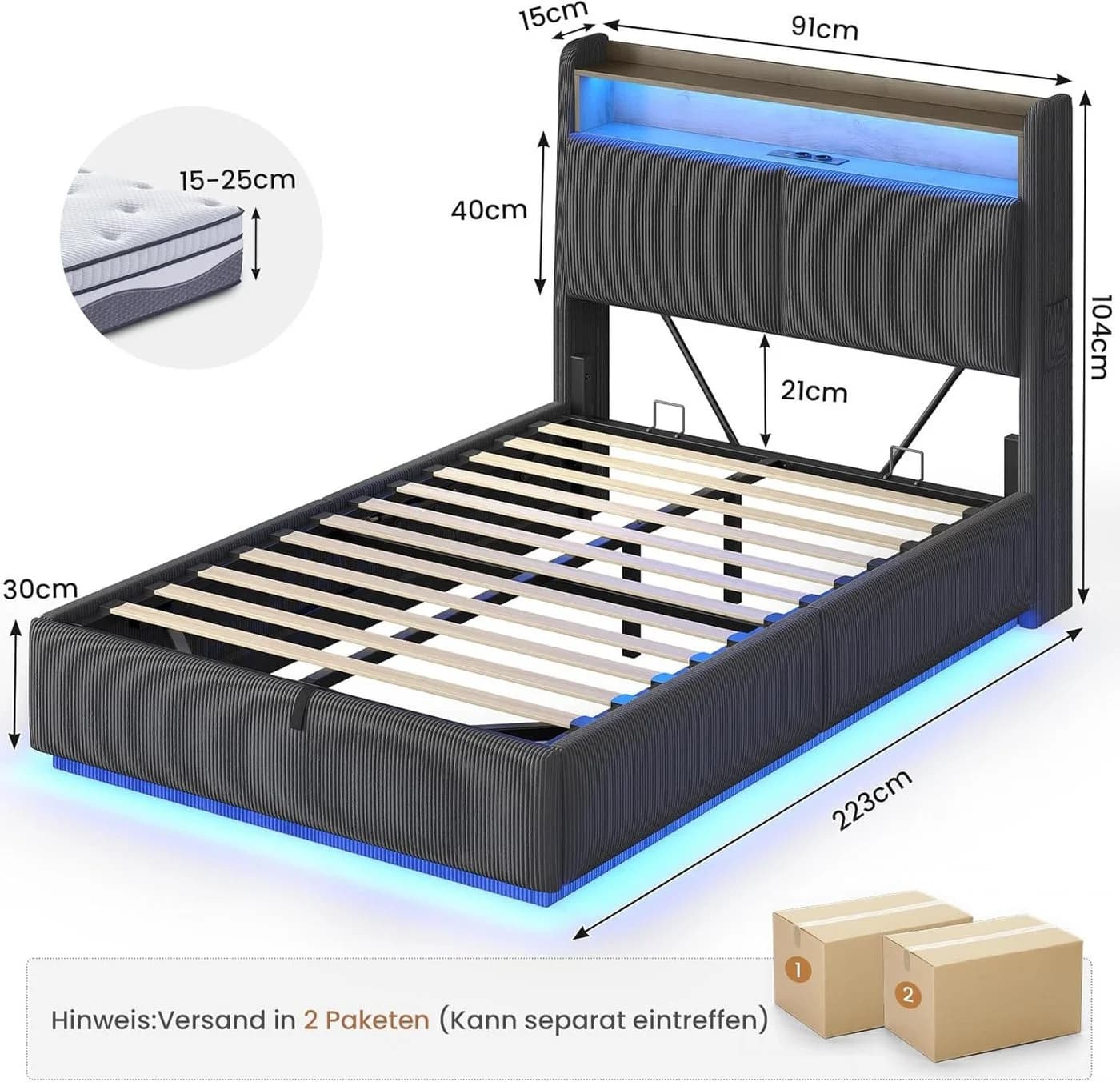MSMASK Polsterbett 90x200cm mit LED, Stauraum & Ladestation