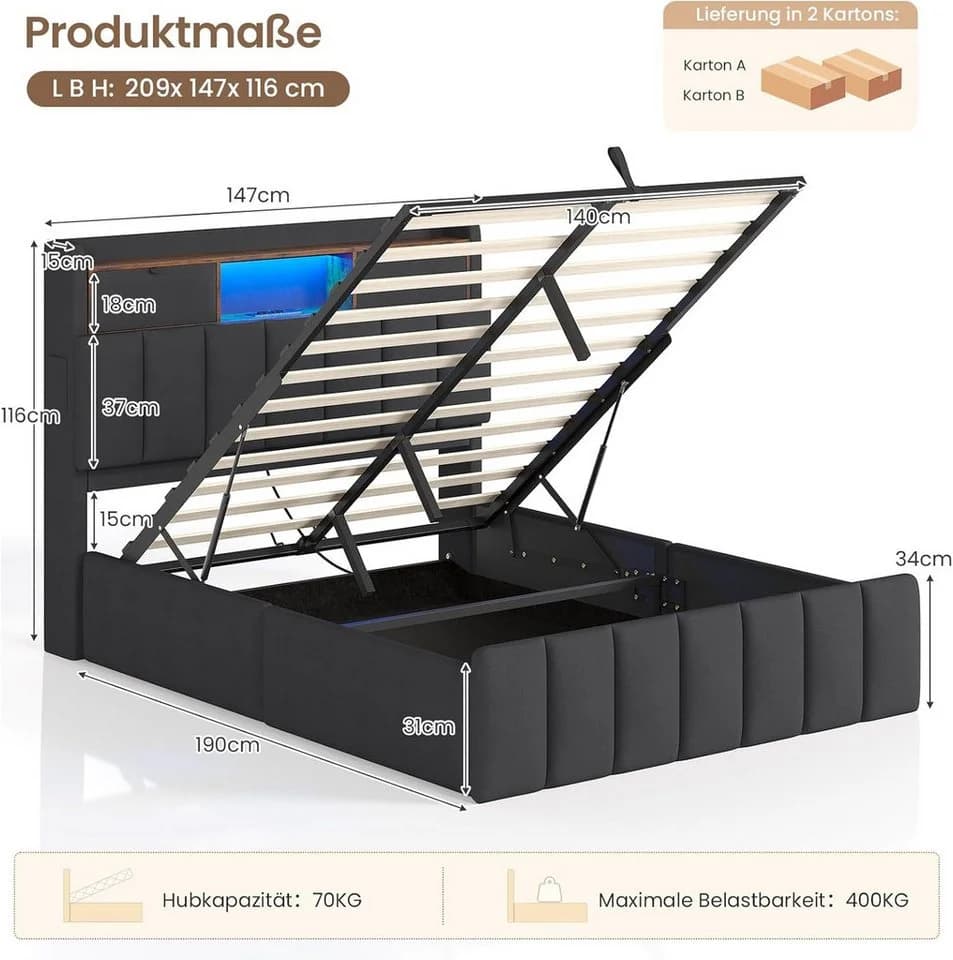 MSMASK Polsterbett 140x190 cm mit LED & Stauraum