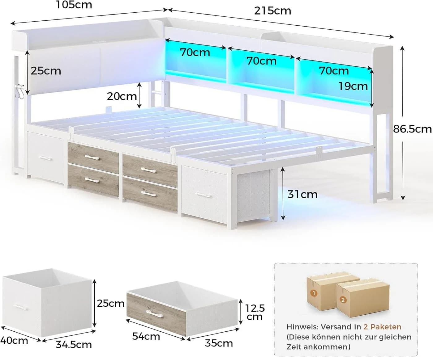 MSMASK Tagesbett mit LED & Ladestation, 90x200 cm, Braun/Weiß/Grau